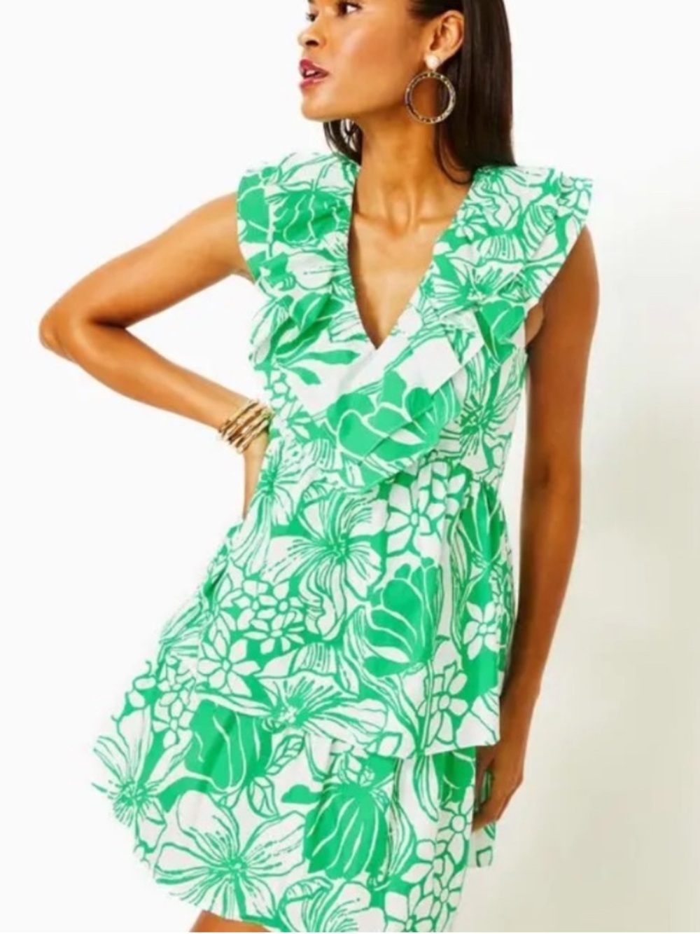 Lilly Pulitzer Ritamarie V-Neck Ruffle Mini Dress Size 14 Green White Cotton